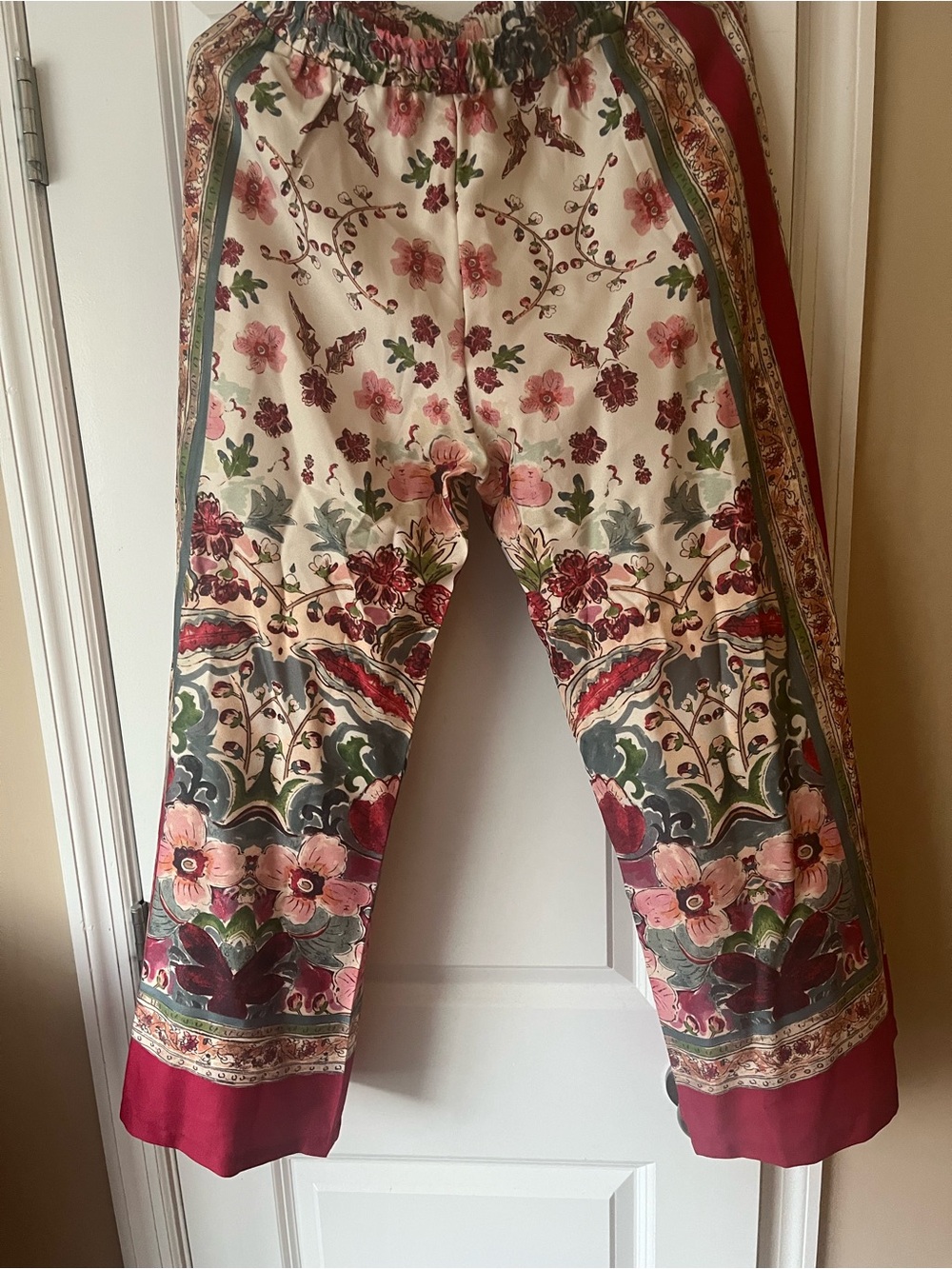 Floral Border Print Wide-Leg Pants - Pink/Red